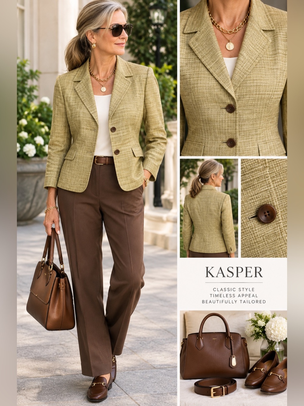 Kasper Light Olive Sage  Textured Two-Button Blazer